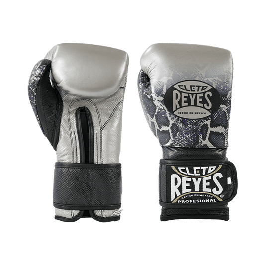 Cleto Reyes Training Boxing Gloves with Hook and Loop Closure – Silver/Black Steel Snake