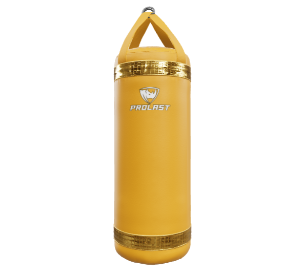 Yellow punching bag with a brand logo on a white background